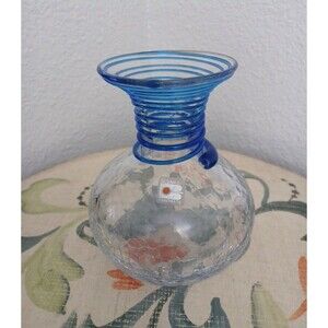 Vintage Blenko Glass #8318 Crystal Crackle Glass Vase with Blue Rings
